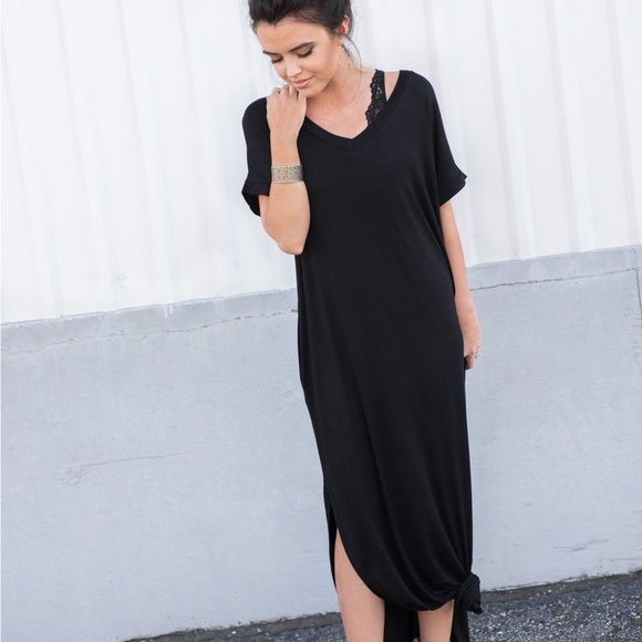 black maxi V-neck T shirt casual boho with pockets - Picture 9 of 11